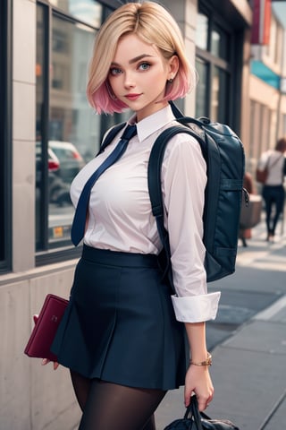 masterpiece, best quality, highres, blonde hair, cute, mature girl, small pink tips on hair, sidecut hair, side cut, wide hips, short hair, blue eyes, big eyes, big breasts, piercing, piercing eyebrows, small smile, cut hairs, pantyhose, navy skirt, shirt, black necktie, backpack, 