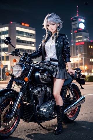 masterpiece, best quality, highres, 1girl, solo, izayoi Sakuya, cute, blue eyes, braid, grey hair, short hair, twin braids, medium breasts, shirt, black jacket, high boots, skirt, pantyhose, night, motorcycle