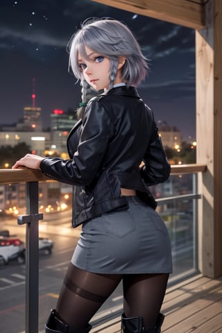 masterpiece, best quality, highres, 1girl, solo, izayoi Sakuya, cute, blue eyes, braid, grey hair, short hair, twin braids, medium breasts, shirt, black jacket, high boots, skirt, pantyhose, night, ass