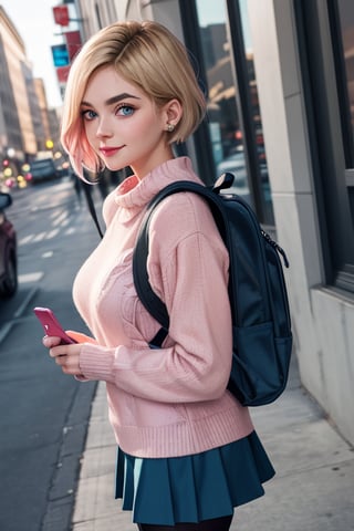 masterpiece, best quality, highres, blonde hair, cute, mature girl, small pink tips on hair, sidecut hair, side cut, wide hips, short hair, blue eyes, big eyes, big breasts, piercing, piercing eyebrows, small smile, cut hairs, pantyhose, dark blue skirt, sweater, backpack, holding phone, view from below