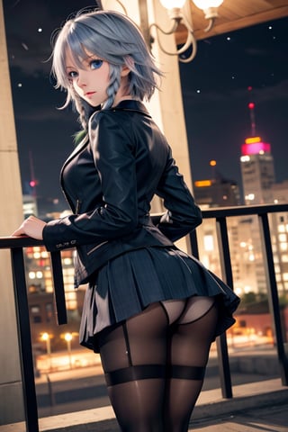 masterpiece, best quality, highres, 1girl, solo, izayoi Sakuya, cute, blue eyes, braid, grey hair, short hair, twin braids, medium breasts, shirt, black jacket, high boots, skirt, pantyhose, night, ass