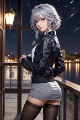 masterpiece, best quality, highres, 1girl, solo, izayoi Sakuya, cute, blue eyes, braid, grey hair, short hair, twin braids, medium breasts, small smile, shirt, black jacket, high boots, skirt, pantyhose, night, ass