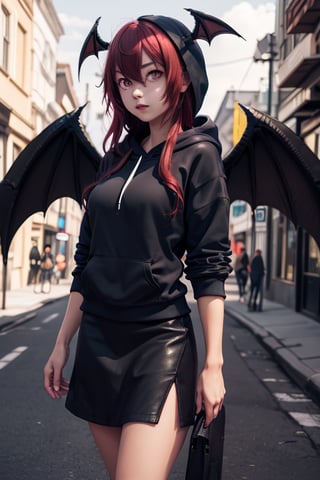 masterpiece, best quality, highres, 1girl, solo, koakuma, mature, mature girl, milf, medium breasts, long hair, crimson hair, weak crimson eyes, big eyes, wings behind, wings on head, hoodie, short wide skirt, street, 