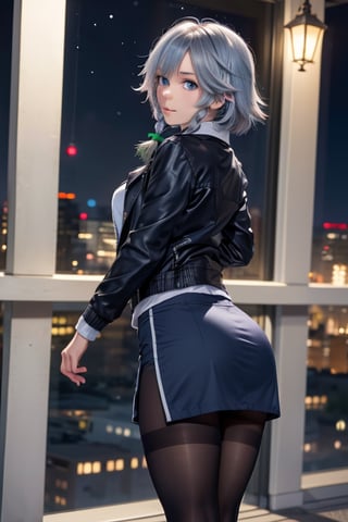 masterpiece, best quality, highres, 1girl, solo, izayoi Sakuya, cute, blue eyes, braid, grey hair, short hair, twin braids, medium breasts, shirt, black jacket, high boots, skirt, pantyhose, night, ass