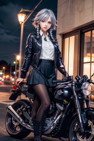 masterpiece, best quality, highres, 1girl, solo, izayoi Sakuya, cute, blue eyes, braid, grey hair, short hair, twin braids, medium breasts, shirt, black jacket, high boots, skirt, pantyhose, night, motorcycle