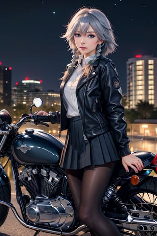 masterpiece, best quality, highres, 1girl, solo, izayoi Sakuya, cute, blue eyes, braid, grey hair, short hair, twin braids, medium breasts, shirt, black jacket, high boots, skirt, pantyhose, night, motorcycle