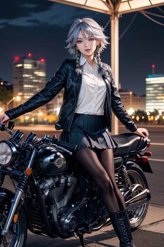 masterpiece, best quality, highres, 1girl, solo, izayoi Sakuya, cute, blue eyes, braid, grey hair, short hair, twin braids, medium breasts, shirt, black jacket, high boots, skirt, pantyhose, night, motorcycle