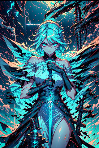 1 queen of thunder, beautiful face, very long glitter cyan hair, bright cyan eyes, wearing a lightning style white-blue dress, detailed dress with filigree lightning style, stormy, Iceland location, r1ge, blizzard storm background, weapon, holding a long thunder magic sword, raining,weiboZH