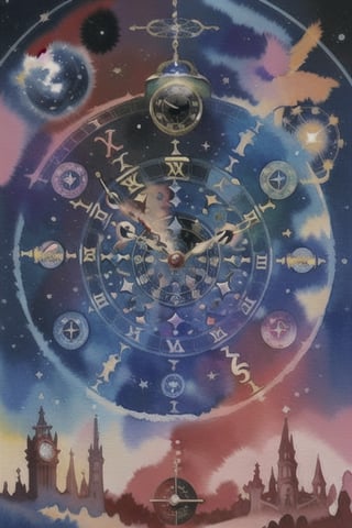 watercolor,chaosmix,time magic, magical clock, clock magic circle,universe theme clock