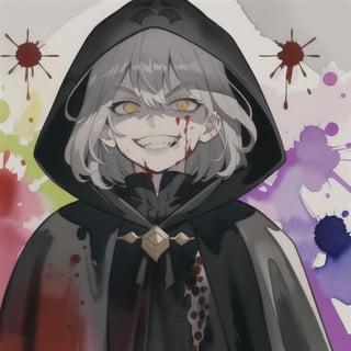 watercolor,boy,gray hair,black cloak,blood spilled all over him and his face,time magic,killer,chaotic,kind looking,villian,medium hair,smile,insane,poetic,laugh,evil laugh,evil smile,excited eyes,enjoying,