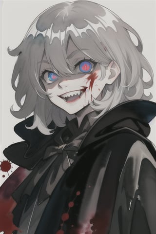 watercolor,boy,gray hair,black cloak,blood spilled all over him and his face,time magic,killer,chaotic,kind looking,villian,medium hair,smile,insane,poetic,laugh,evil laugh,evil smile,excited eyes,enjoying,wide eyes.insane eyes