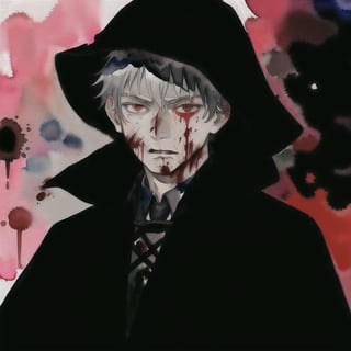 watercolor,boy,gray hair,black cloak,blood spilled all over him and his face,time magic,killer,chaotic