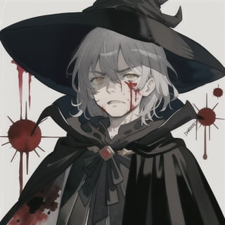 watercolor,boy,gray hair,black cloak,blood spilled all over him and his face,time magic,killer,chaotic,kind looking,villian,medium hair,cloak hat,insane,poetic