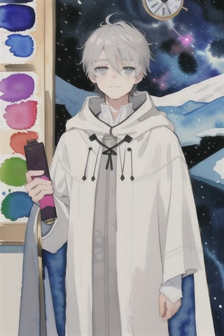 watercolor,1_boy,soft smile,a clock in his hand,the galaxy behind him,white as snow skin,gray hair,void eyes in his cloak