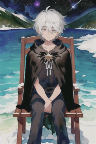 watercolor,boy,void magic,void eyes in the background,black cloak with eyes on it,sitting on a mythical chair,black medium hair,white as snow skin,ocean in his eyes,stars on his hair