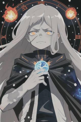 watercolor,boy,long gray hair,emotionless_experession,glitching,pitch black void cloak,white as snow skin,emotionless_eyes,time control,god killer,immortal,villian,dark blue clock,void,judgement,magic circles,evil smile,fireball, its fireball time