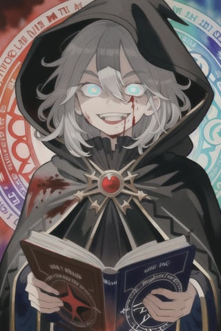 watercolor,boy,gray hair,black cloak,blood spilled all over him and his face,time magic,killer,chaotic,kind looking,villian,medium hair,smile,insane,poetic,laugh,evil laugh,evil smile,excited eyes,enjoying,wide eyes.insane eyes,calm,time magic circle,reading a book