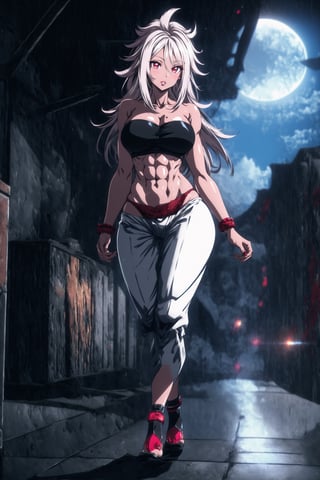 masterpiece, best quality, moon background, 1girl, milf, large breasts, (walking:1.3), (legs spread:1.2) big hips, abs, white hair, big lips, perfect lips, detailed skin, shiny skin, 
,defa21, ma21, detailed eyes, red eyes, glow eyes, pink skin, detailed skin, tube top, white harem pants, panties, evil grim, ,perfecteyes,midjourney,Ki Charge