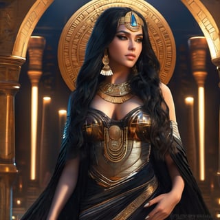 masterpiece, ultra hd, 8k,hdr, dynamic ,  hyper realistic, detailed background, finely detailed_body, big_boobs top less, fullbody,1girl, very long hairstyle, (deep black hair color:1.2), (bright eyes:1.1), |  egyptian, egyptian clothes , egypt godess ,egypt , hecate ,  seethru , perfecteyes , ,Detailedface,Detailedeyes,mechanical_arms,cybernetic_enhancements,  gothic, makeup, black lips,gothic,a futuristic city,bird 's-eye view,high exhibitionism, ,nar_terumi_mei