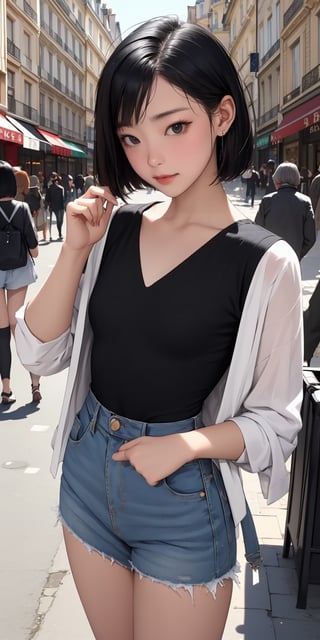 Roma Latina girl with white skin, (very short Bob black hair) (black eyes.) Adorable face, flat chest. Vestida con ropa casual en la ciudad de París 