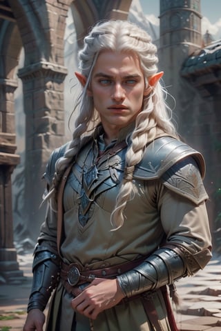 nodf_lora (Estudiante de magia Howards Witcher, elfo de orejas pequeñas, cabello plateado largo. Referencia de Legolas del señor de los anillos) 

Muchacho muy atractivo de piel blanca y Ojos verdes. Cabello muy largo plateado, cabello liso.

Uniforme rojo de estudiante, celtic features. Libro y varita mágica en la mano.
Castillo Howards. Rostro Afeitado