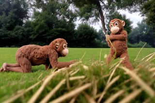 A monkey rides a horse. In a rural setting in front of tall trees and lush green grass.