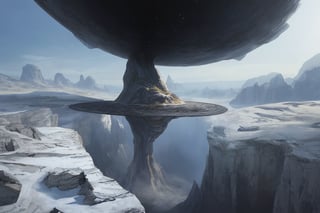 in a photorealistic landscape is a wormhole in another futuristic world.