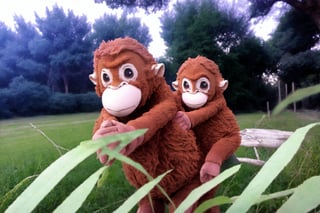 A monkey rides a horse. In a rural setting in front of tall trees and lush green grass.