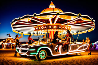 a converted caprio with a hover drive, wings, lots of lamps and decorations stands in front of a carousel at the burning man festival, without a roof, two levers are used for steering. two ladies in a sexy pose wash the mobile with a damp sponge.