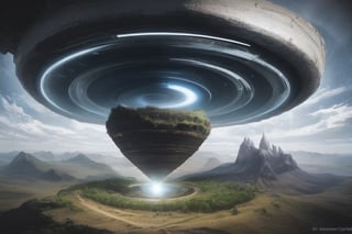 in a photorealistic landscape is a wormhole in another futuristic world.