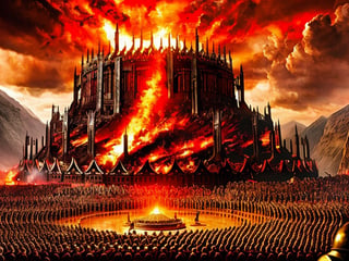 a movie poster shows a battlefield of thousands fighting knights against orcs around a huge ring of gold. The ring is held up to the red sky by a hand on an outstretched arm in the middle of the picture.