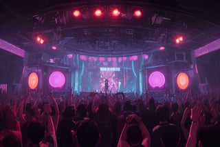 there is an old abandoned military aircraft hangar built with round segments. people dancing everywhere. inside the futuristic hangar is a stage with neon lights. many cables on the wall and on the ceiling. huge speakers left and right. many people are in the room and dancing. in the foreground a wonderful woman raises her hands to the music. the wall is covered with screens presenting mystic visuals. techno, electronic music, house music, cyberpunk, dark night, moving lights, night club, festival, event, music, future ,8k, high resolution