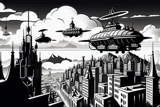 A wide angle from the ground looking skywards shows a levitating huge city focused on a mountain range surrounded by clouds and very tiny airships in the background. steampunk, dieselpunk, cyberpunk. monochrome.