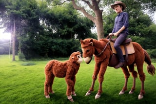 A picture shows a horse and a monkey. The monkey rides the horse. The horse is wearing a saddle and harness. In a rural setting in front of tall trees and lush green grass.