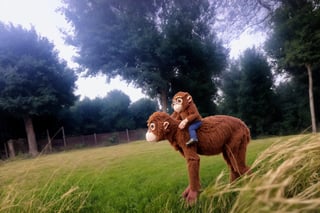 A monkey rides a horse. In a rural setting in front of tall trees and lush green grass.