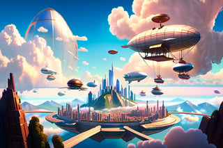 A wide angle from the ground looking skywards shows a levitating huge city focused on a mountain range surrounded by clouds and very tiny airships in the background.