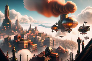 A wide angle from the ground towards the sky focuses on a free-floating, huge city built on a mountain massif surrounded by clouds and tiny little airships in the background. steampunk, dieselpunk, cyberpunk. fog, dirt, fire. 