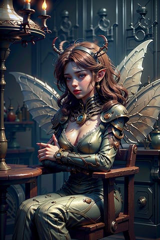 In a dimly lit, candle-lit chamber, a stunning Steampunk faery girl sits poised on a intricately carved wooden chair. Her delicate features are illuminated by the soft glow of candelabras, while her striking butterfly-wing-like antlers glisten in the warm light. A curious robot cat peers out from behind her, its metallic body reflecting the flickering flames. The room's rich textures and deep shadows create a captivating backdrop for this whimsical scene, where technology meets fantasy.