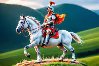 a roman soldier named joão, wearing an orange and red roman soldier uniform is riding happily, on top of his white horse, in a green valley