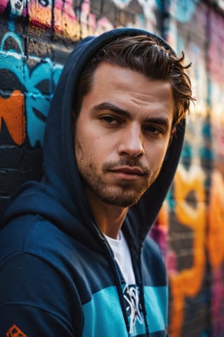 a captivating portrait of a ((handsome young man)), slumped against a wall adorned with vibrant graffiti, the sunset behind him creating elongated shadows, shallow depth of field highlighting, an urban backdrop setting the stage, captured with high-contrast chiaroscuro, Dressed with Pullover Hoodie, Zip Bottom Jogger, r4w photo
,male