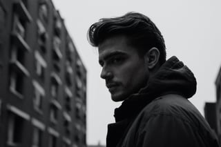 Cinematic, Photograph of a sad handsome young man close-up walks at night along a city street past squalid five-story panel houses, photorealism, cinematic,photo r3al,male,Movie Still