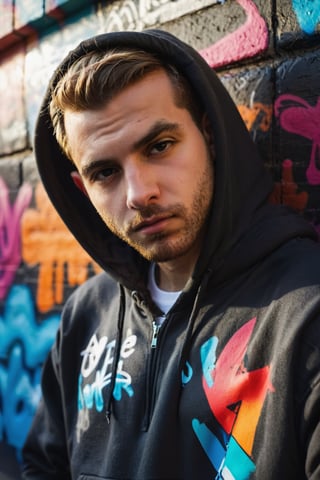 a captivating portrait of a ((handsome young man)), slumped against a wall adorned with vibrant graffiti, the sunset behind him creating elongated shadows, shallow depth of field highlighting, an urban backdrop setting the stage, captured with high-contrast chiaroscuro, Dressed with Pullover Hoodie, Zip Bottom Jogger, r4w photo
,male