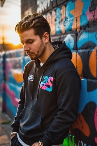 a captivating portrait of a ((handsome young man)), slumped against a wall adorned with vibrant graffiti, the sunset behind him creating elongated shadows, shallow depth of field highlighting, an urban backdrop setting the stage, captured with high-contrast chiaroscuro, Dressed with Pullover Hoodie, Zip Bottom Jogger, r4w photo
,male