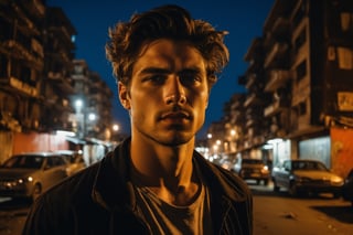 Cinematic, Photograph of a handsome young man, melancholic expression,  close-up walks at night along a city street past squalid five-story panel houses,detailmaster2