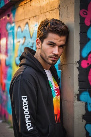 a captivating portrait of a ((handsome young man)), slumped against a wall adorned with vibrant graffiti, the sunset behind him creating elongated shadows, shallow depth of field highlighting, an urban backdrop setting the stage, captured with high-contrast chiaroscuro, Dressed with Pullover Hoodie, Zip Bottom Jogger, r4w photo
,male