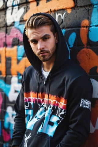 a captivating portrait of a ((handsome young man)), slumped against a wall adorned with vibrant graffiti, the sunset behind him creating elongated shadows, shallow depth of field highlighting, an urban backdrop setting the stage, captured with high-contrast chiaroscuro, Dressed with Pullover Hoodie, Zip Bottom Jogger, r4w photo
,male