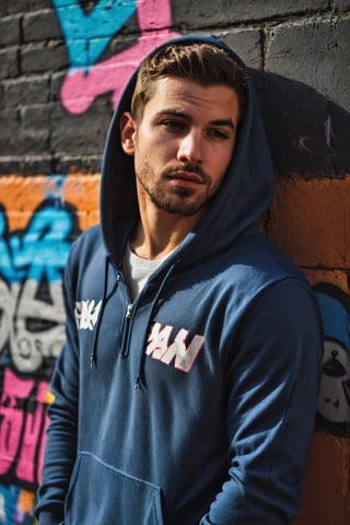 a captivating portrait of a ((handsome young man)), slumped against a wall adorned with vibrant graffiti, the sunset behind him creating elongated shadows, shallow depth of field highlighting, an urban backdrop setting the stage, captured with high-contrast chiaroscuro, Dressed with Pullover Hoodie, Zip Bottom Jogger, r4w photo
,male