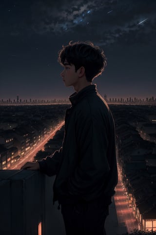 In the hushed ambiance of a lo-fi night, a solitary boy stands at the zenith of a time-worn urban rooftop. The scene is enveloped in a warm, vintage glow, evoking a sense of wistful nostalgia as the city's nocturnal symphony unfolds below. The boy, his silhouette etched against the backdrop of a sprawling cityscape, gazes skyward with an air of contemplative wonder.

His tousled hair catches the soft, muted hues of the night, and his profile is a portrait of quiet introspection. Below, the city's lights twinkle like a thousand distant dreams, while above, a celestial tapestry of stars spreads across the velvety sky. The lo-fi aura adds a touch of timeless charm to this moment of youthful reverie, where the boy finds solace and inspiration in the boundless cosmos that stretches out before him.