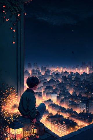 
In the tranquil embrace of a lo-fi night, we encounter a lone boy perched high atop a timeworn urban rooftop. The scene is bathed in a gentle, vintage glow, casting a nostalgic aura over the nocturnal cityscape. The boy, a solitary figure against the city's shimmering tapestry of lights, sits at the ledge, his legs dangling into the abyss, his silhouette outlined by the ambient luminescence.

His windswept hair captures the soft, muted hues of the night, and his profile is one of contemplative reverie. Below, the city unfurls in a mosaic of softly illuminated streets and aging facades, a testament to the city's perpetual pulse. Above, the night sky is a canvas of inky blues, adorned with distant stars that twinkle like distant memories. This lo-fi nocturnal scene encapsulates a moment of youthful introspection, where the boy discovers serenity and perspective amidst the midnight city's whispers.,LOFI