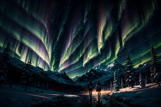 landscape, aurora, a dynamic action scene where a young and beautiful couple casts a powerful giant spell sitting on the snow, surrounded by an ice crystal, ultra quality, high and detailed environment, dark clothes, hair, glow, dinamic angle, mystical atmosphere,